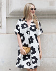 Floral print cotton blend linen holiday dress in black