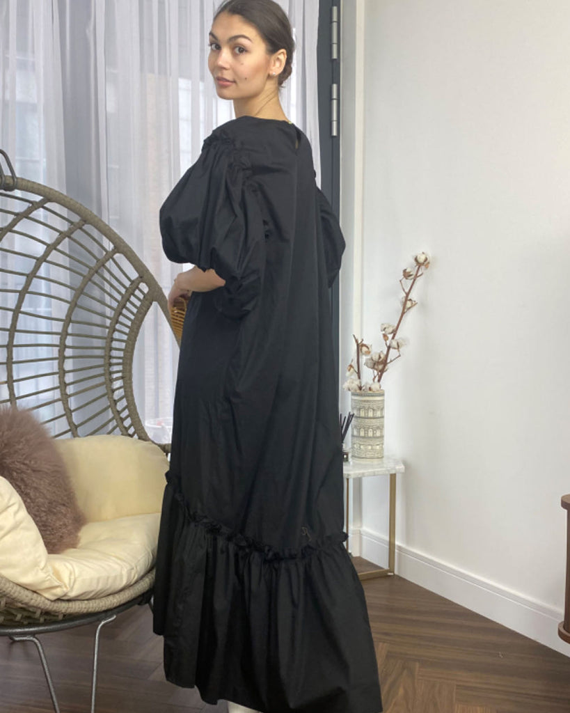 Oversized Puff Sleeves ruffle hem design Maxi dress in Black