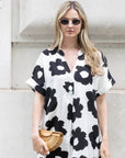 Floral print cotton blend linen holiday dress in black