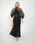 Pleated long dress with organza pleated cape sleeves