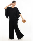 Cotton blend comfort stretch-jersey Lace up top and Relaxed-fit trousers in Black