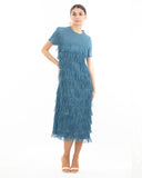 Pleated Midi dress with multi layer fringed tassel design in Blue