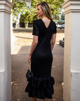 Full Pleated Ruffle Hem Maxi Dress in Black