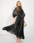 Pleated long dress with organza pleated cape sleeves
