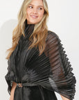 Pleated long dress with organza pleated cape sleeves
