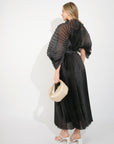 Pleated long dress with organza pleated cape sleeves