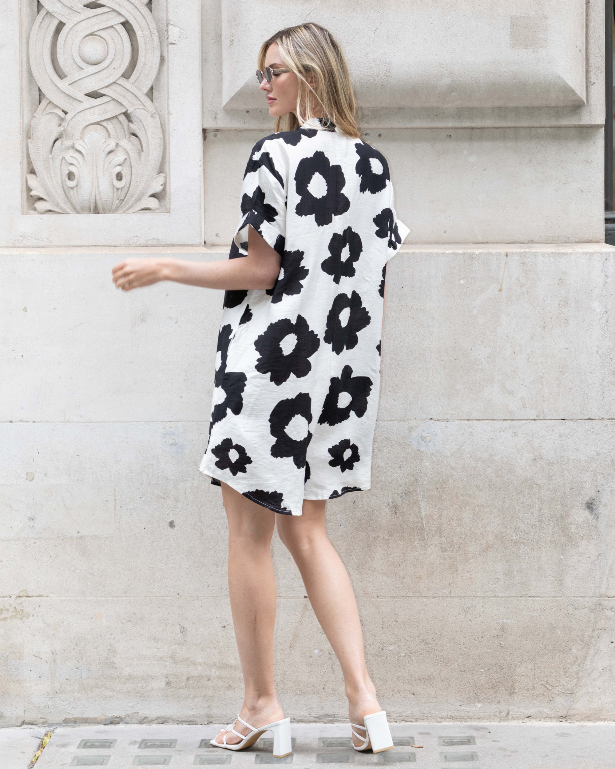 Floral print cotton blend linen holiday dress in black