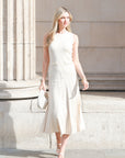 Pearl Bead Pointelle knit bodycon midi dress in Beige