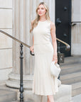 Pearl Bead Pointelle knit bodycon midi dress in Beige