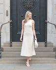 Pearl Bead Pointelle knit bodycon midi dress in Beige
