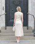 Pearl Bead Pointelle knit bodycon midi dress in Beige