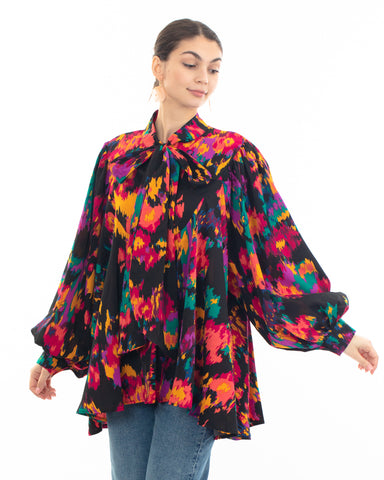 Wild Bloom multi color print oversized shirt with tie up bow design in black