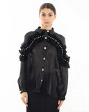 Pleated ruffles with multi dimoned stone embellished sleeves design organza shirt in black