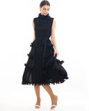 Pleated Midi dress with frilled layer and scallopd neckline design in Black