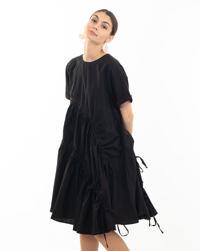 Asymmetry with adjustable ties design cotton blend dress in black