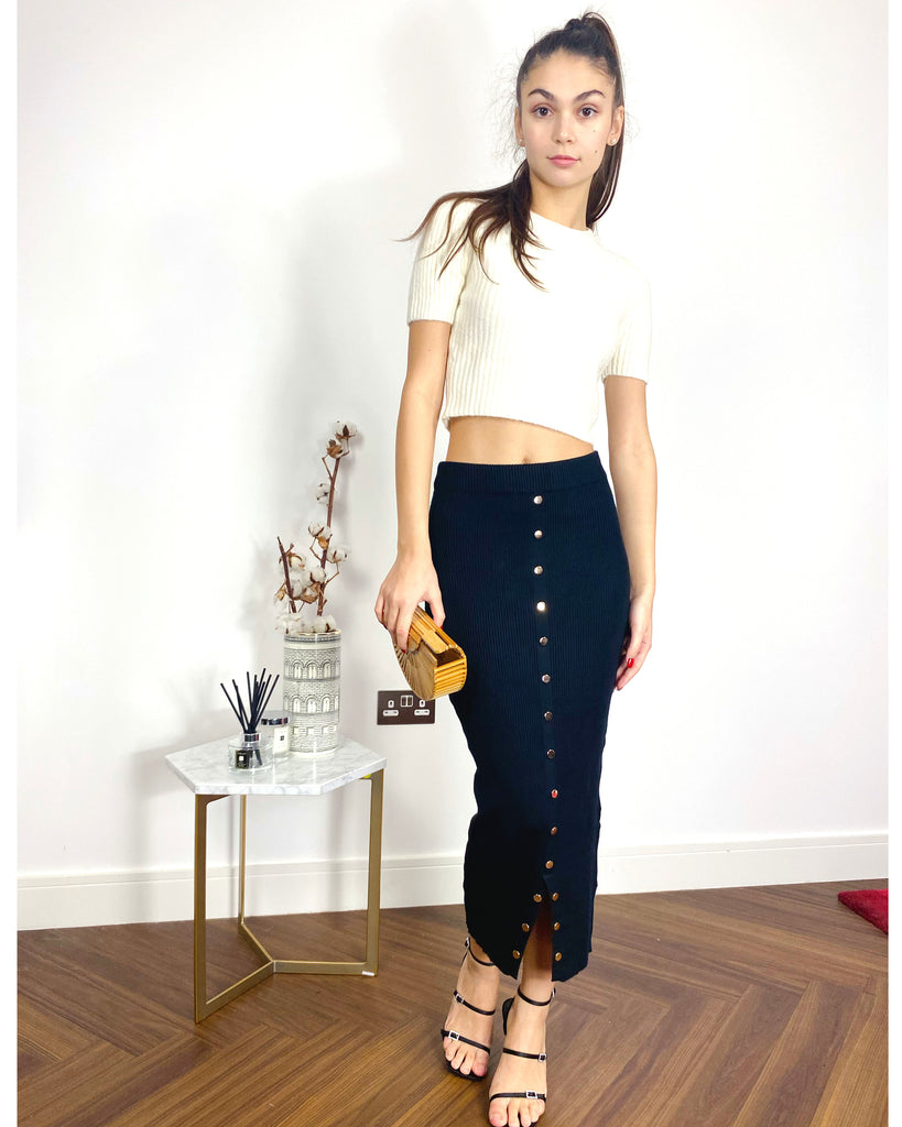 Midi Pencil Skirt In Fine Knit Bodycon Style Black, CY Boutique