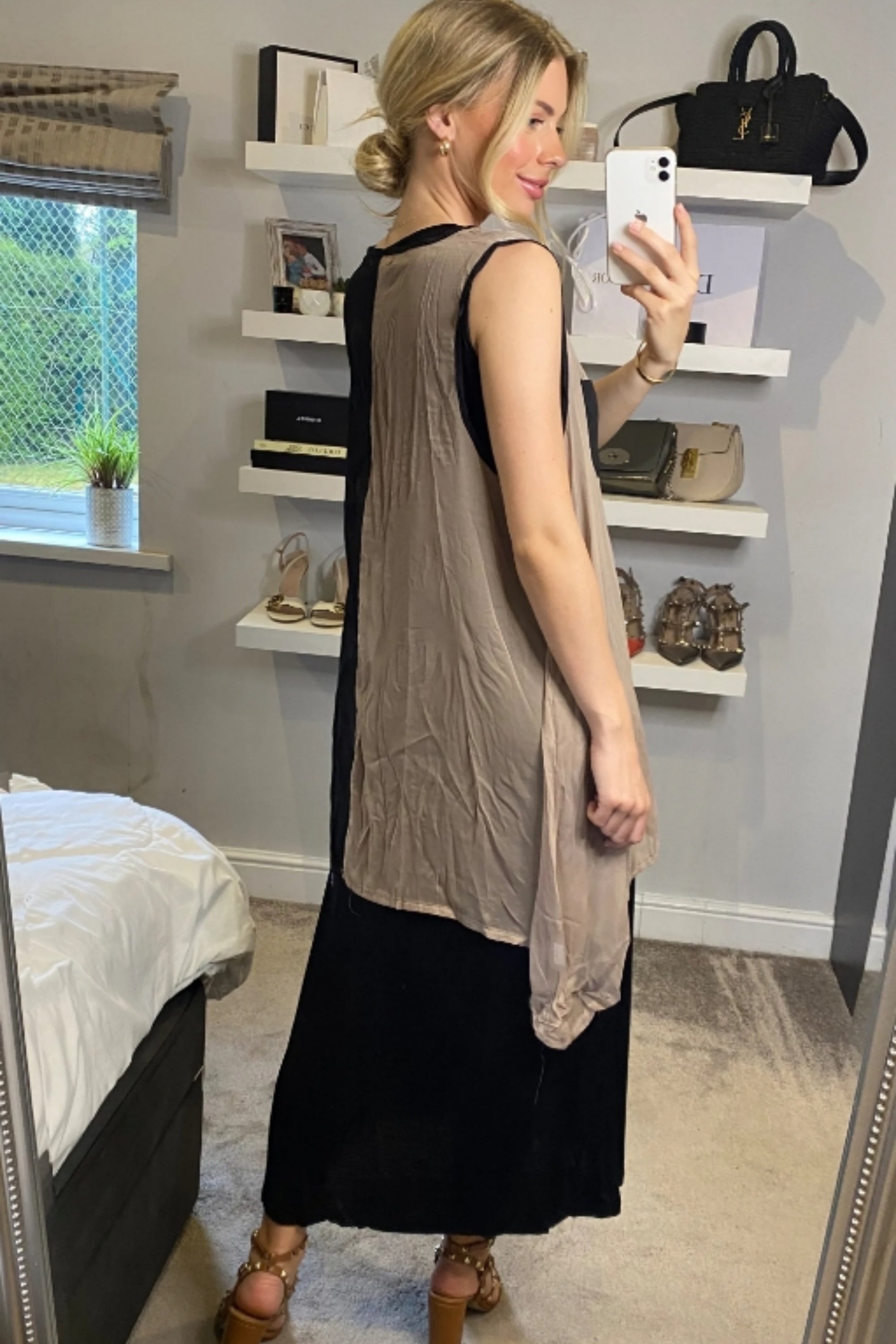 Chiffon Long Top Plain Cotton Maxi Dress(BLACK)