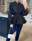 Ruffle design around chest and hem cotton shirt in black