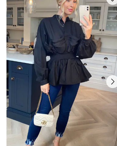 Ruffle design around chest and hem cotton shirt in black