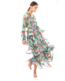 Floral Print Ruffle Multi Layer Hem design maxi long Dress in blue