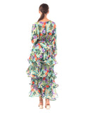Floral Print Ruffle Multi Layer Hem design maxi long Dress in blue
