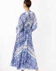 Blue monochrome scarf print pleated long shirt dress