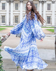Blue monochrome scarf print pleated long shirt dress