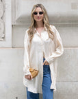 Oversized long shirt dress in textured jacquard design fabric in beige