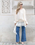Silky satin feeling Cape sleeves design short dress in Cream
