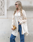 Oversized long shirt dress in textured jacquard design fabric in beige
