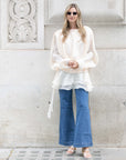 Silky satin feeling Cape sleeves design short dress in Cream