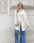 Oversized long shirt dress in textured jacquard design fabric in beige
