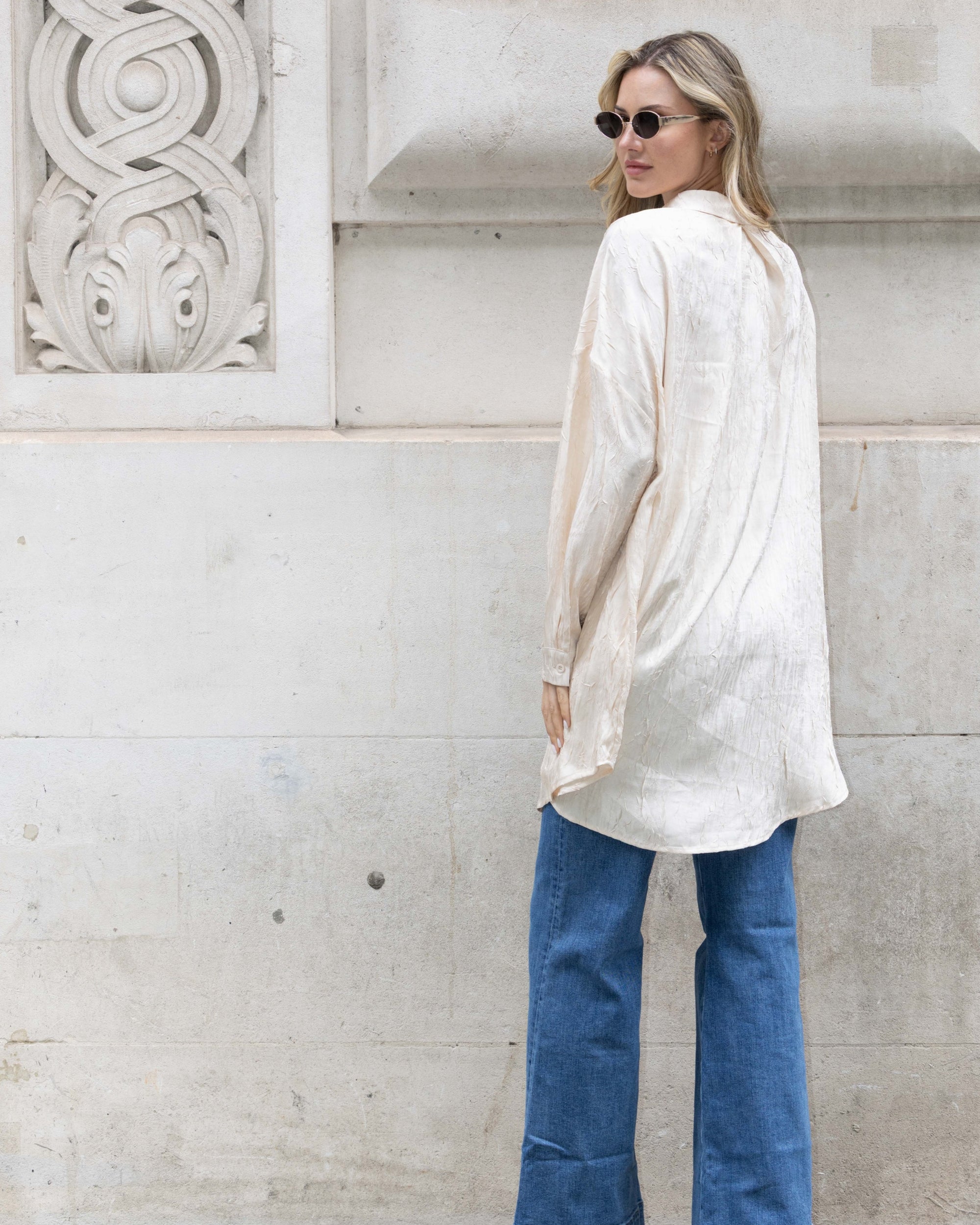 Oversized long shirt dress in textured jacquard design fabric in beige