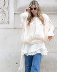 Silky satin feeling Cape sleeves design short dress in Cream