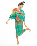 Multi color Scarf Pirnt Pleated Dress in Kimono sleeves in Dark green