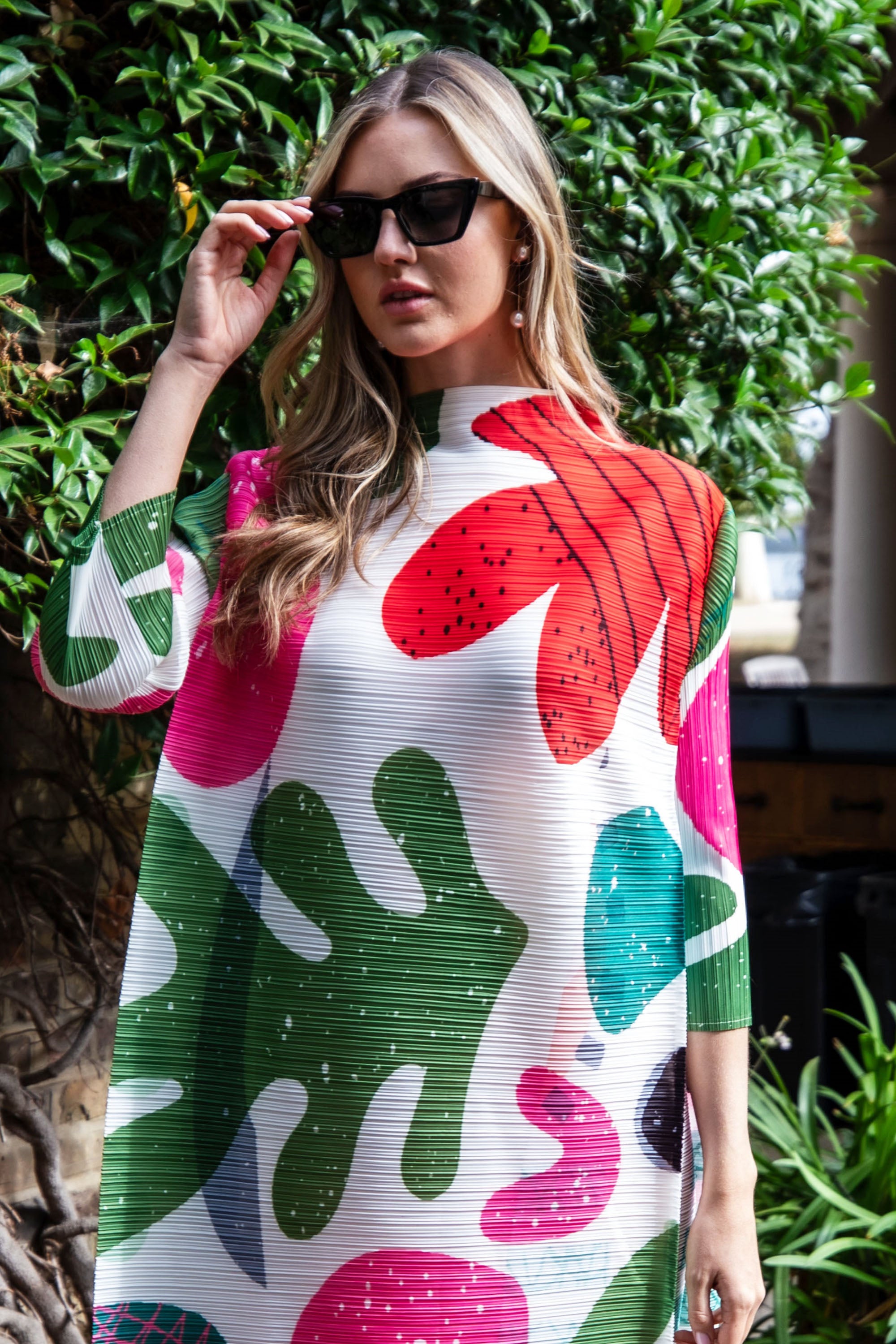 Multi Color Print Pleated Dress in three quarter sleeves in floral print