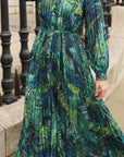 Green blue leaves Scarf print Full pleated long Shirt dress
