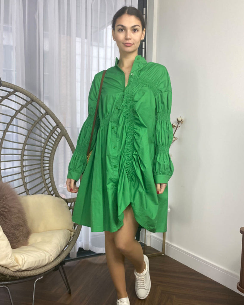 Asymmetry with Elasticated design cotton blend shirt dress in Green