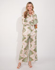 Multi-leaves' print shirt and trousers in soft linen fabric in Green