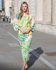 Leaves and Floral Scarf Pirnt Pleated Dress in Kimono sleeves in green