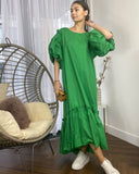 Oversized Puff Sleeves ruffle hem design Maxi dress in Green