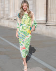 Leaves and Floral Scarf Pirnt Pleated Dress in Kimono sleeves in green