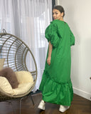 Oversized Puff Sleeves ruffle hem design Maxi dress in Green