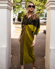 Green color blocking Print Pleated Dress in Kimono sleeves