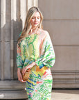 Leaves and Floral Scarf Pirnt Pleated Dress in Kimono sleeves in green