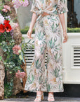 Multi floral print cotton blend short sleeves and trousers co-ords suits in green