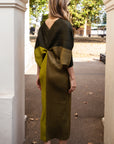 Green color blocking Print Pleated Dress in Kimono sleeves