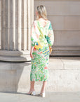 Leaves and Floral Scarf Pirnt Pleated Dress in Kimono sleeves in green