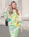 Leaves and Floral Scarf Pirnt Pleated Dress in Kimono sleeves in green