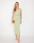 Knitted bodycon style vest top with tie up design and midi pencil skirt co-ords set in green